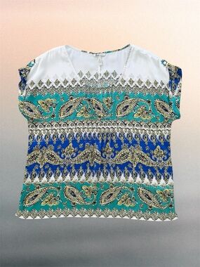 G.H. Bass Multi-Color Paisley Pintuck Front Short Sleeve Blouse ~ Women’s XL